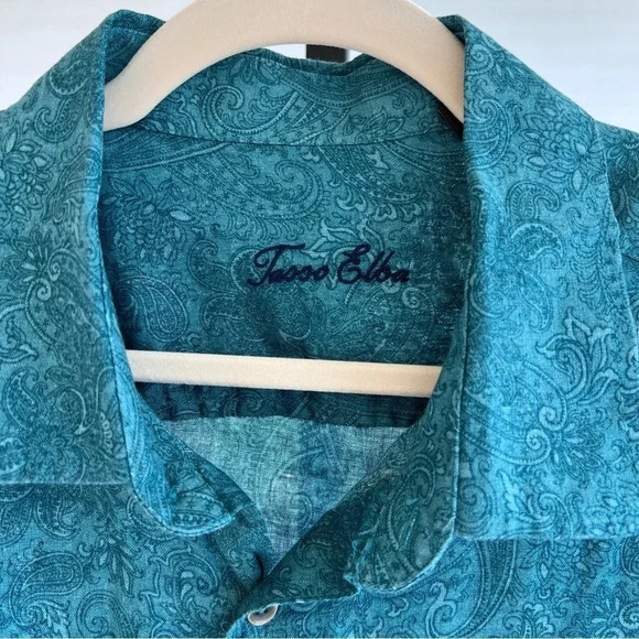 Tasso Elba Classic Paisley Linen Shirt Teal Blue XL Spring Vacation Coastal - Picture 3 of 4